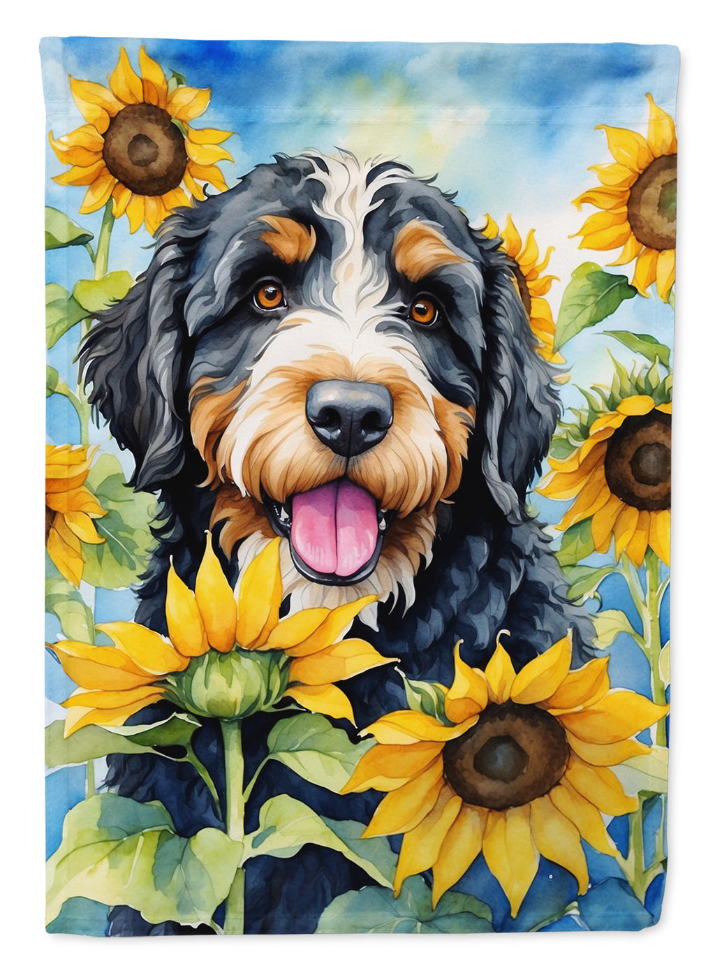 Bernedoodle in Sunflowers House Flag 28x40 Porch Sleeve Pole Decorative Outside Yard Banner Artwork Wall Hanging, Polyester