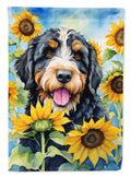 Bernedoodle in Sunflowers House Flag 28x40 Porch Sleeve Pole Decorative Outside Yard Banner Artwork Wall Hanging, Polyester