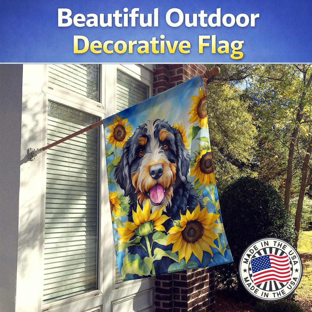 Bernedoodle in Sunflowers House Flag 28x40 Porch Sleeve Pole Decorative Outside Yard Banner Artwork Wall Hanging, Polyester