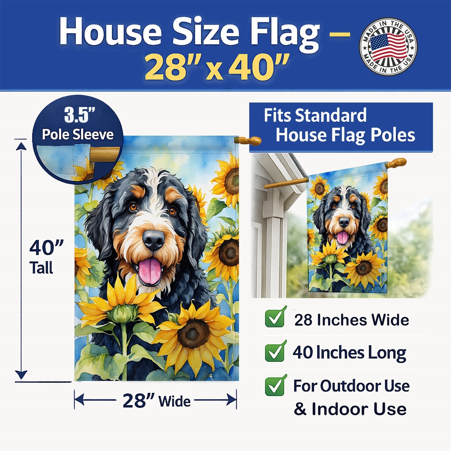Bernedoodle in Sunflowers House Flag 28x40 Porch Sleeve Pole Decorative Outside Yard Banner Artwork Wall Hanging, Polyester