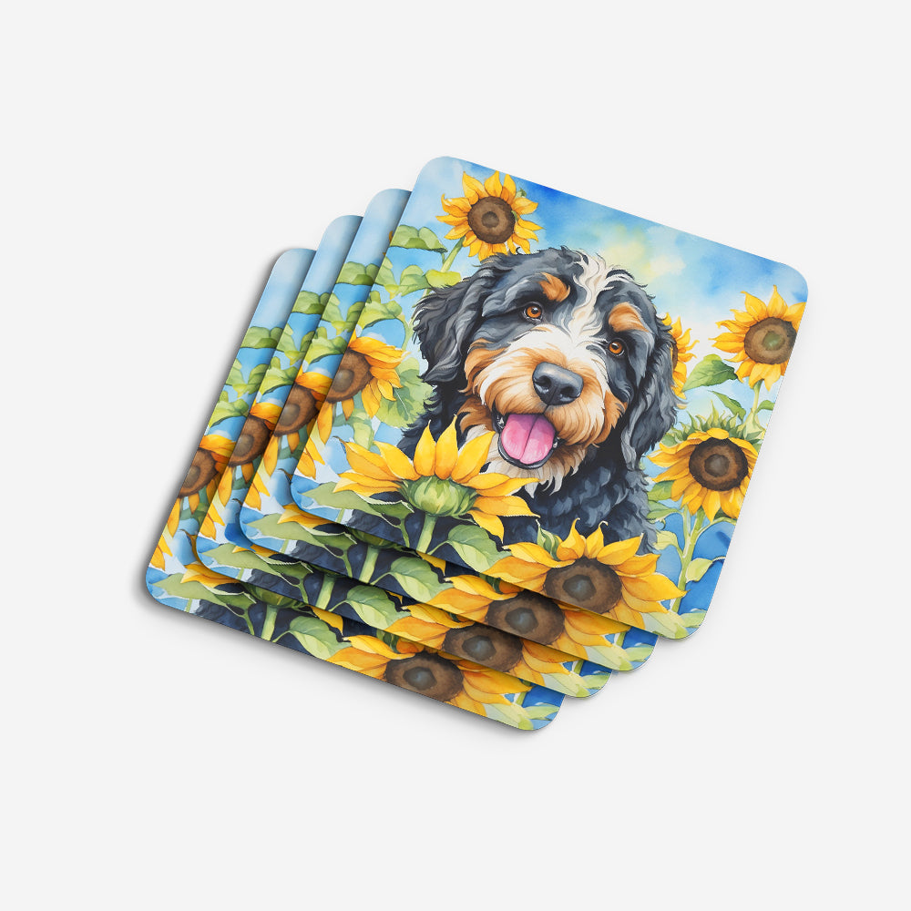 Bernedoodle in Sunflowers Foam Coasters Set of 4 Cup Coasters for Indoor Outdoor, Tabletop Protection, Anti Slip, Mouse pad Material