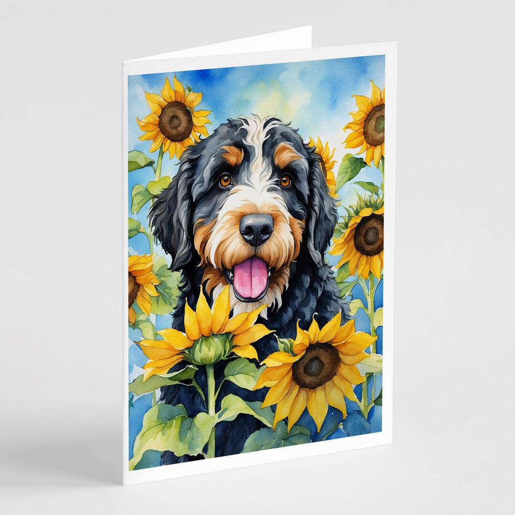 Bernedoodle in Sunflowers Greeting Cards Pack of 8 Blank Cards with Envelopes Whimsical A7 Size 5x7