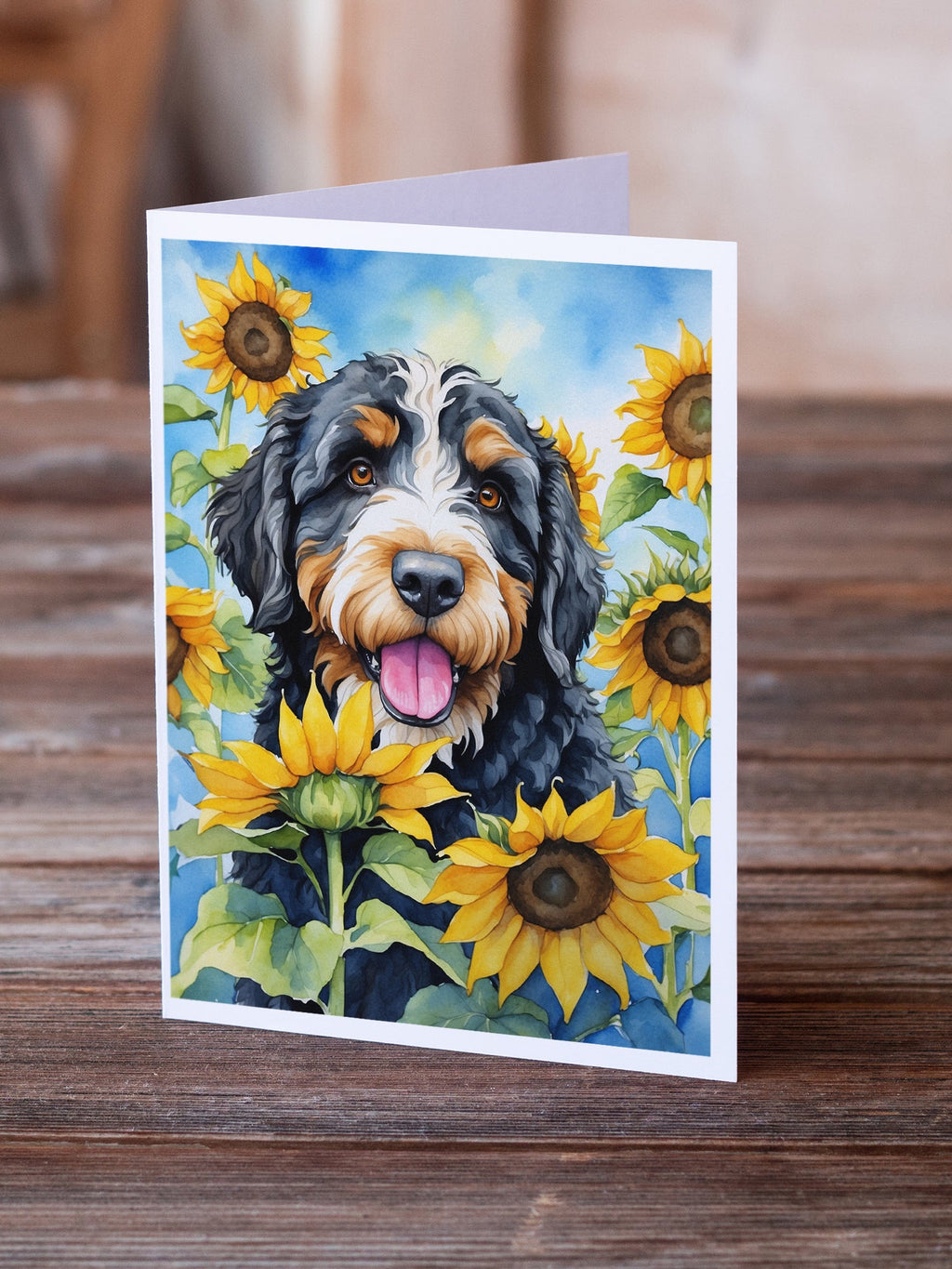 Bernedoodle in Sunflowers Greeting Cards Pack of 8 Blank Cards with Envelopes Whimsical A7 Size 5x7
