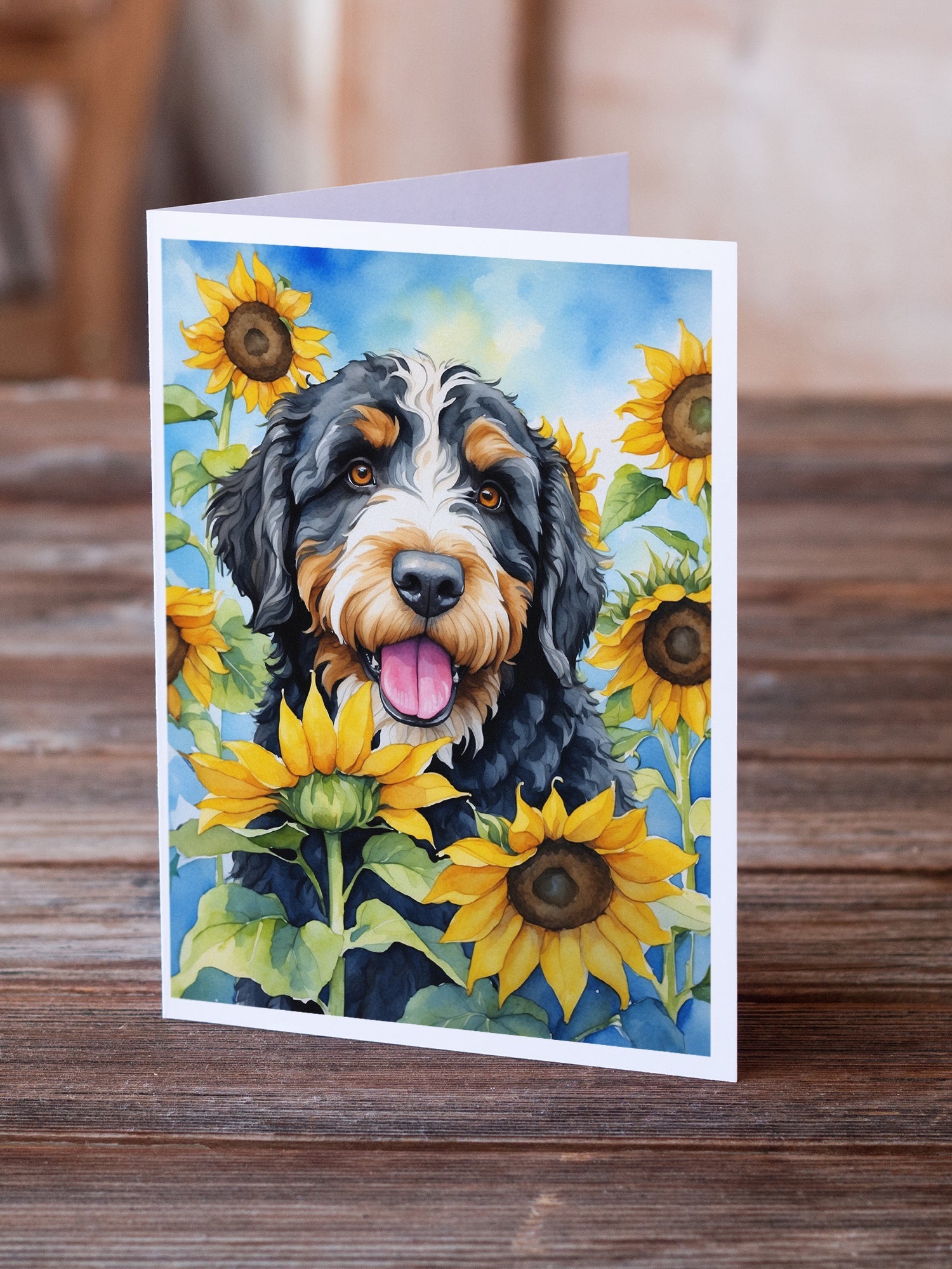 Bernedoodle in Sunflowers Greeting Cards Pack of 8 Blank Cards with Envelopes Whimsical A7 Size 5x7