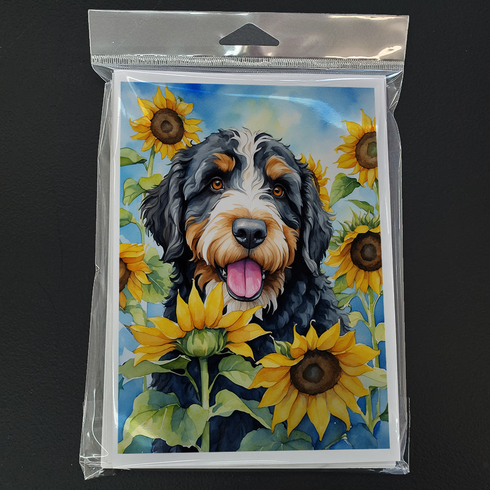 Bernedoodle in Sunflowers Greeting Cards Pack of 8 Blank Cards with Envelopes Whimsical A7 Size 5x7