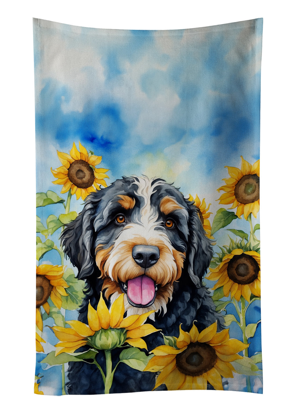 Bernedoodle in Sunflowers Kitchen Towel Velour Plush Front and Cotton Loop Back Machine Washable