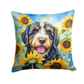 Bernedoodle in Sunflowers Decorative Throw Pillow 14x14 Indoor Outdoor Accent Cushion, Fabric Cover with Insert for Sofa, Bed, Porch & Living Room