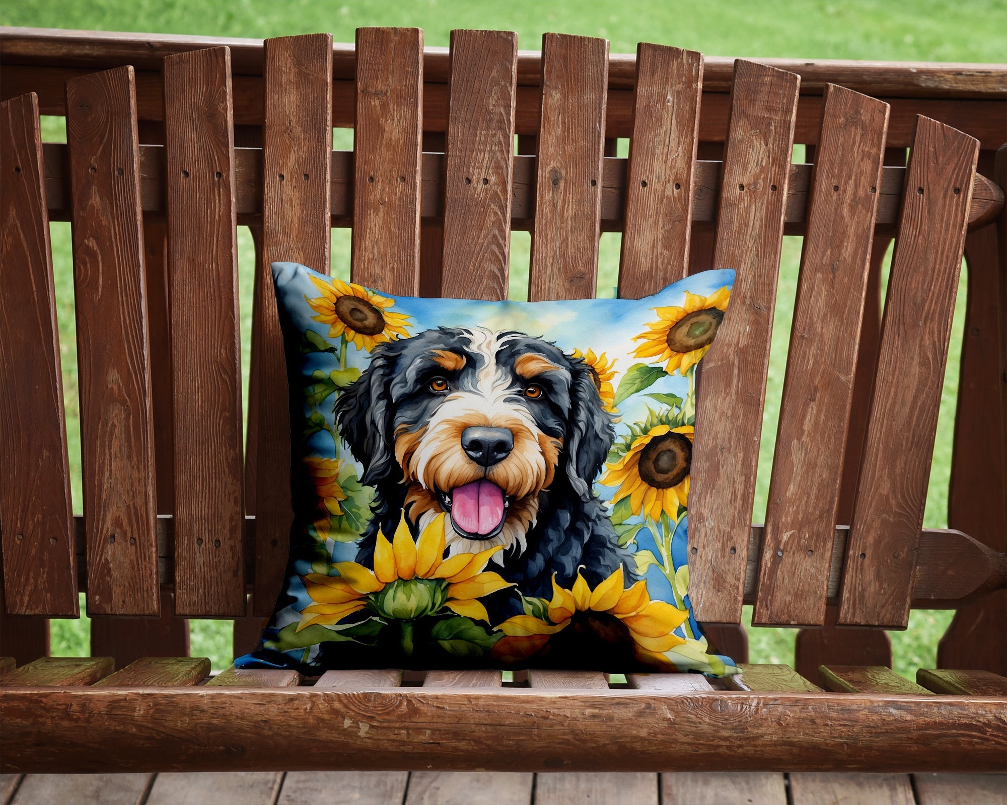 Bernedoodle in Sunflowers Decorative Throw Pillow 14x14 Indoor Outdoor Accent Cushion, Fabric Cover with Insert for Sofa, Bed, Porch & Living Room
