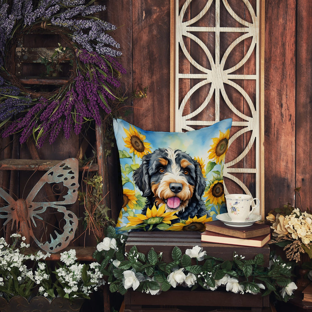 Bernedoodle in Sunflowers Decorative Throw Pillow 14x14 Indoor Outdoor Accent Cushion, Fabric Cover with Insert for Sofa, Bed, Porch & Living Room