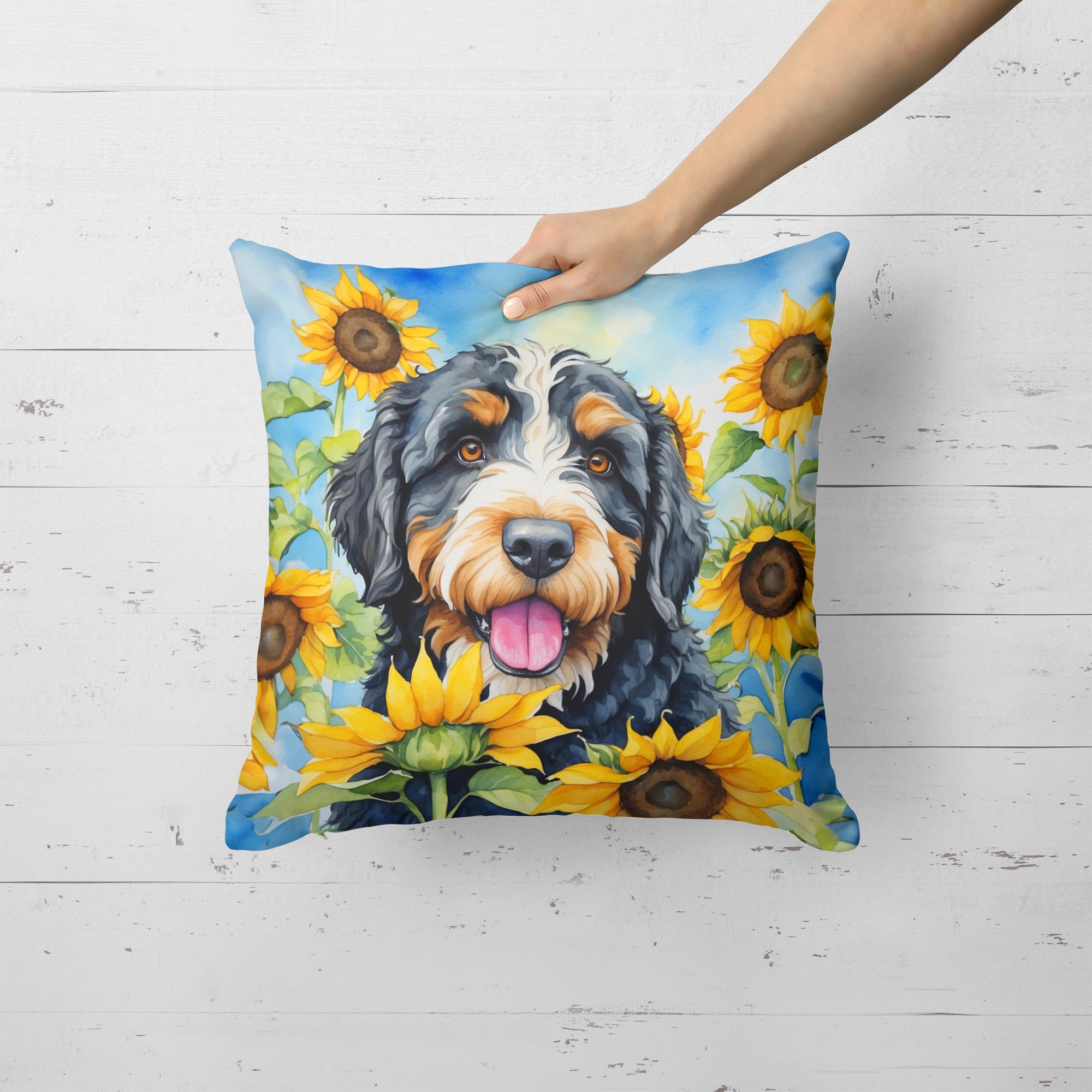 Bernedoodle in Sunflowers Decorative Throw Pillow 18x18 Indoor Outdoor Accent Cushion, Fabric Cover with Insert for Sofa, Bed, Porch & Living Room