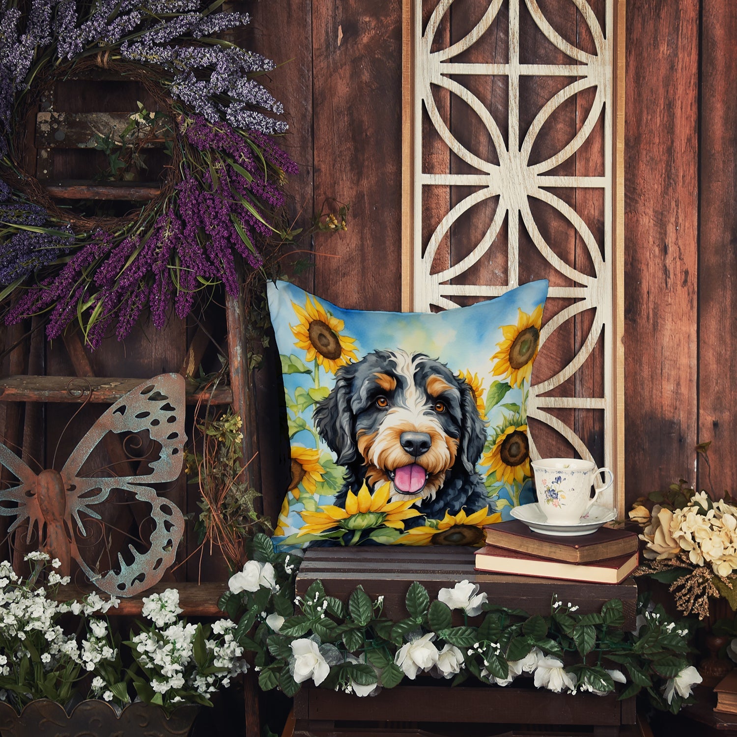 Bernedoodle in Sunflowers Decorative Throw Pillow 18x18 Indoor Outdoor Accent Cushion, Fabric Cover with Insert for Sofa, Bed, Porch & Living Room
