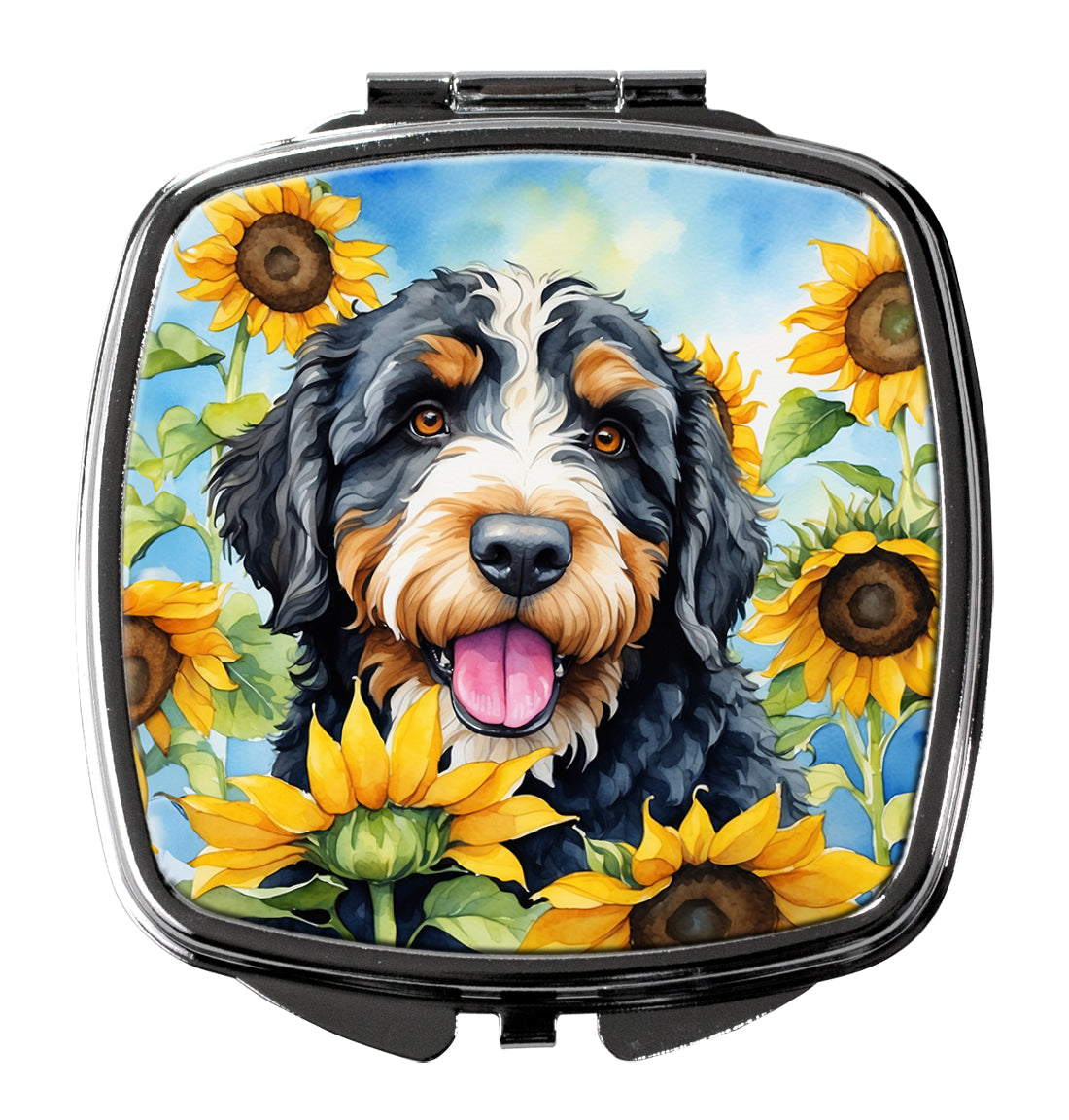 Bernedoodle in Sunflowers Compact Mirror Decorative Travel Makeup Mirror for Women Girls Gifts Pocket Makeup Mirror Folding Handheld