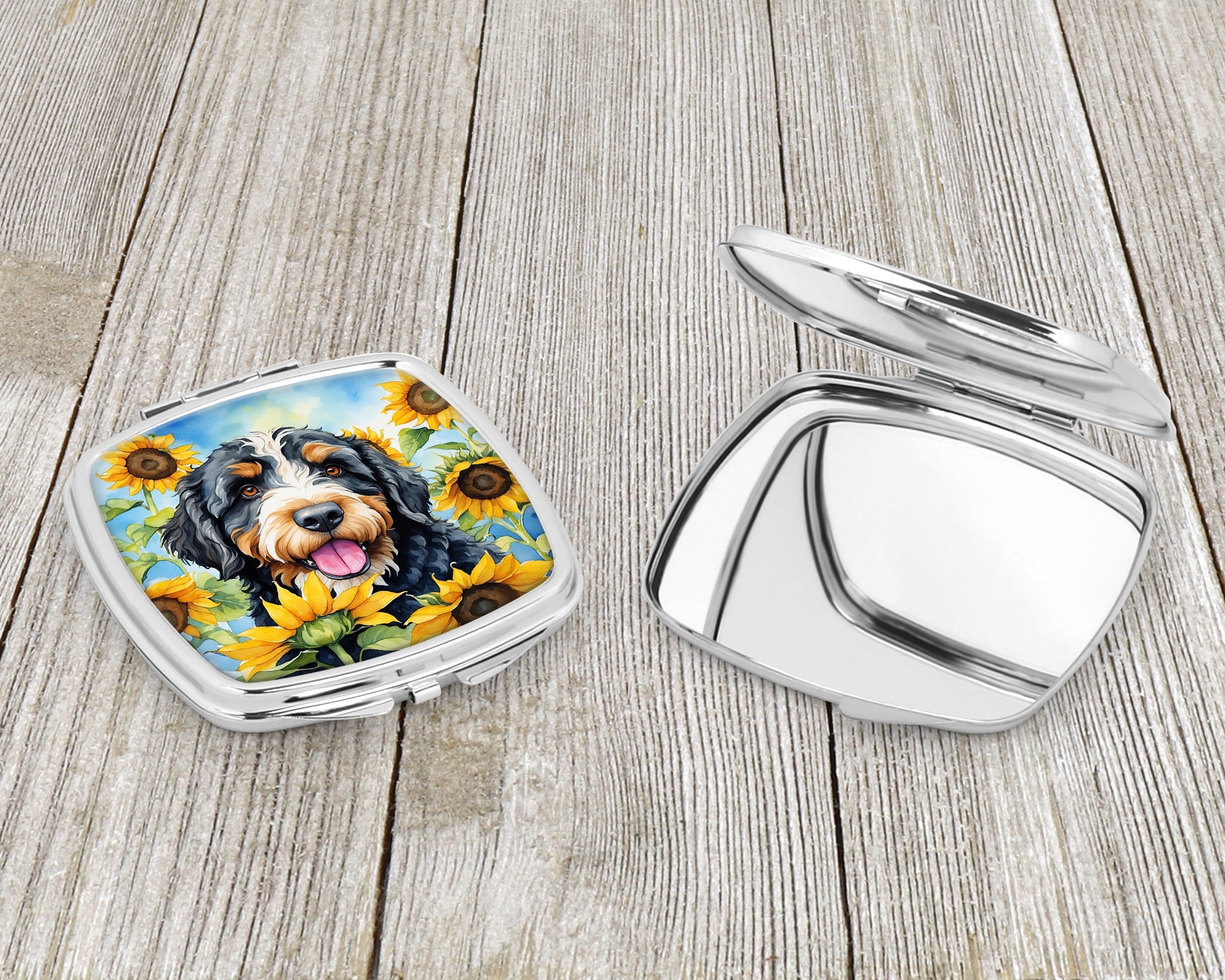 Bernedoodle in Sunflowers Compact Mirror Decorative Travel Makeup Mirror for Women Girls Gifts Pocket Makeup Mirror Folding Handheld