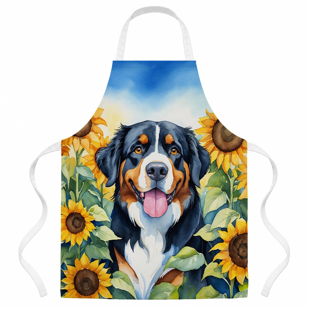 Bernese Mountain Dog in Sunflowers Apron Cooking Kitchen Server Baking Crafts Gardening for Adult Women Men, Unisex, Large, Multicolor