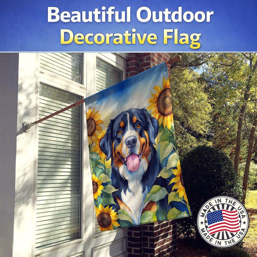 Bernese Mountain Dog in Sunflowers House Flag 28x40 Porch Sleeve Pole Decorative Outside Yard Banner Artwork Wall Hanging, Polyester