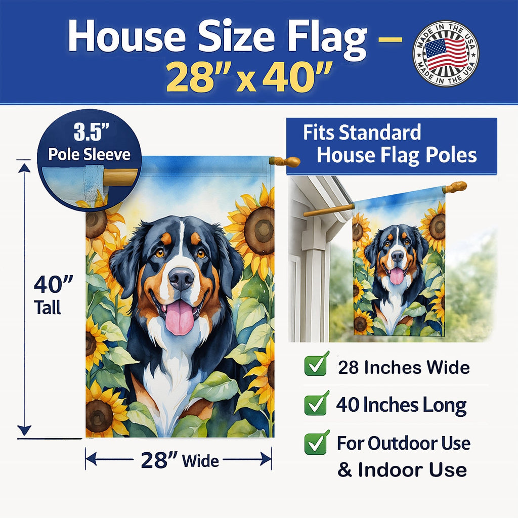 Bernese Mountain Dog in Sunflowers House Flag 28x40 Porch Sleeve Pole Decorative Outside Yard Banner Artwork Wall Hanging, Polyester