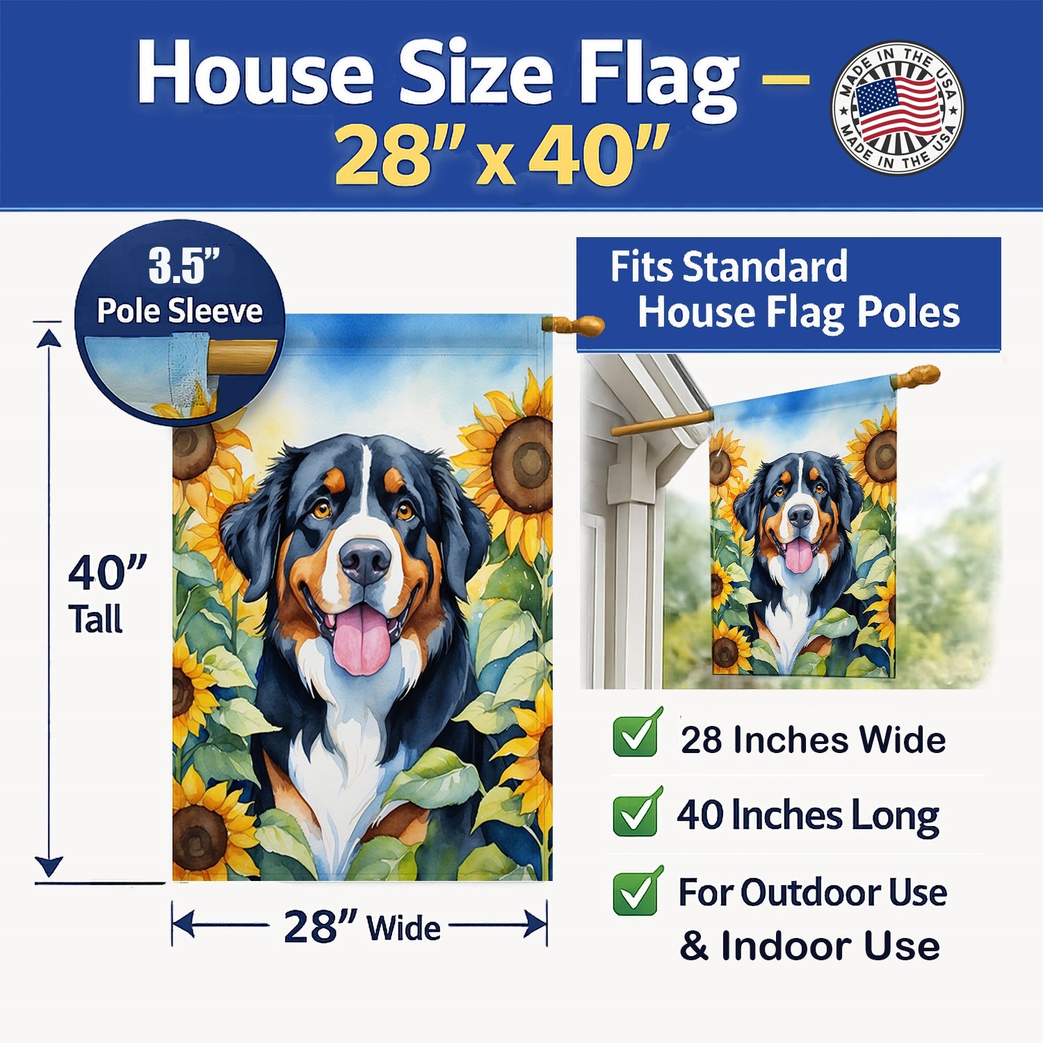 Bernese Mountain Dog in Sunflowers House Flag 28x40 Porch Sleeve Pole Decorative Outside Yard Banner Artwork Wall Hanging, Polyester