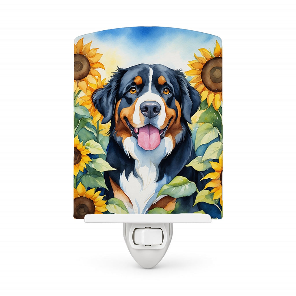 Bernese Mountain Dog in Sunflowers Ceramic Night Light Compact, UL-Certified, Ideal for Bedroom, Bathroom, Nursery, Hallway, Kitchen, 6x4x3, Multicolor