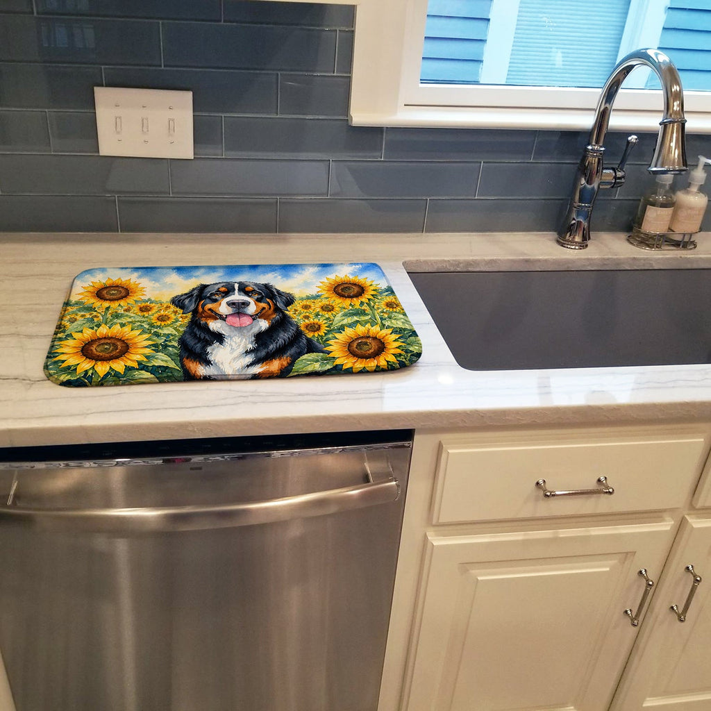Bernese Mountain Dog in Sunflowers Dish Drying Mat Absorbent Dish Drying Mat Pad for Kitchen Counter Dish Drainer Mat for Countertop, 14 x 21", Multicolor