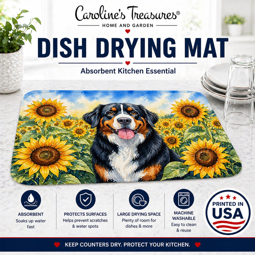 Bernese Mountain Dog in Sunflowers Dish Drying Mat Absorbent Dish Drying Mat Pad for Kitchen Counter Dish Drainer Mat for Countertop, 14 x 21", Multicolor
