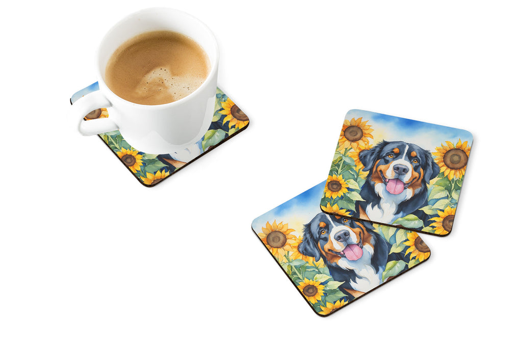 Bernese Mountain Dog in Sunflowers Foam Coasters Set of 4 Cup Coasters for Indoor Outdoor, Tabletop Protection, Anti Slip, Mouse pad Material