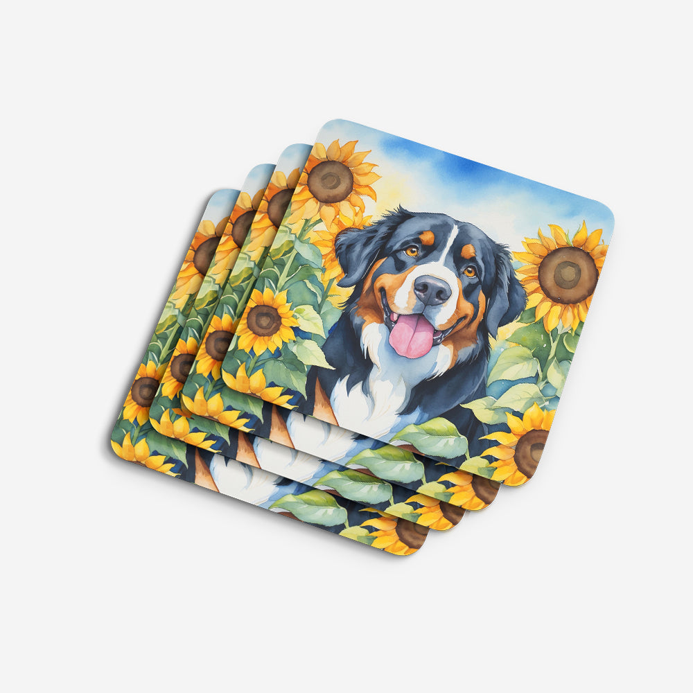 Bernese Mountain Dog in Sunflowers Foam Coasters Set of 4 Cup Coasters for Indoor Outdoor, Tabletop Protection, Anti Slip, Mouse pad Material