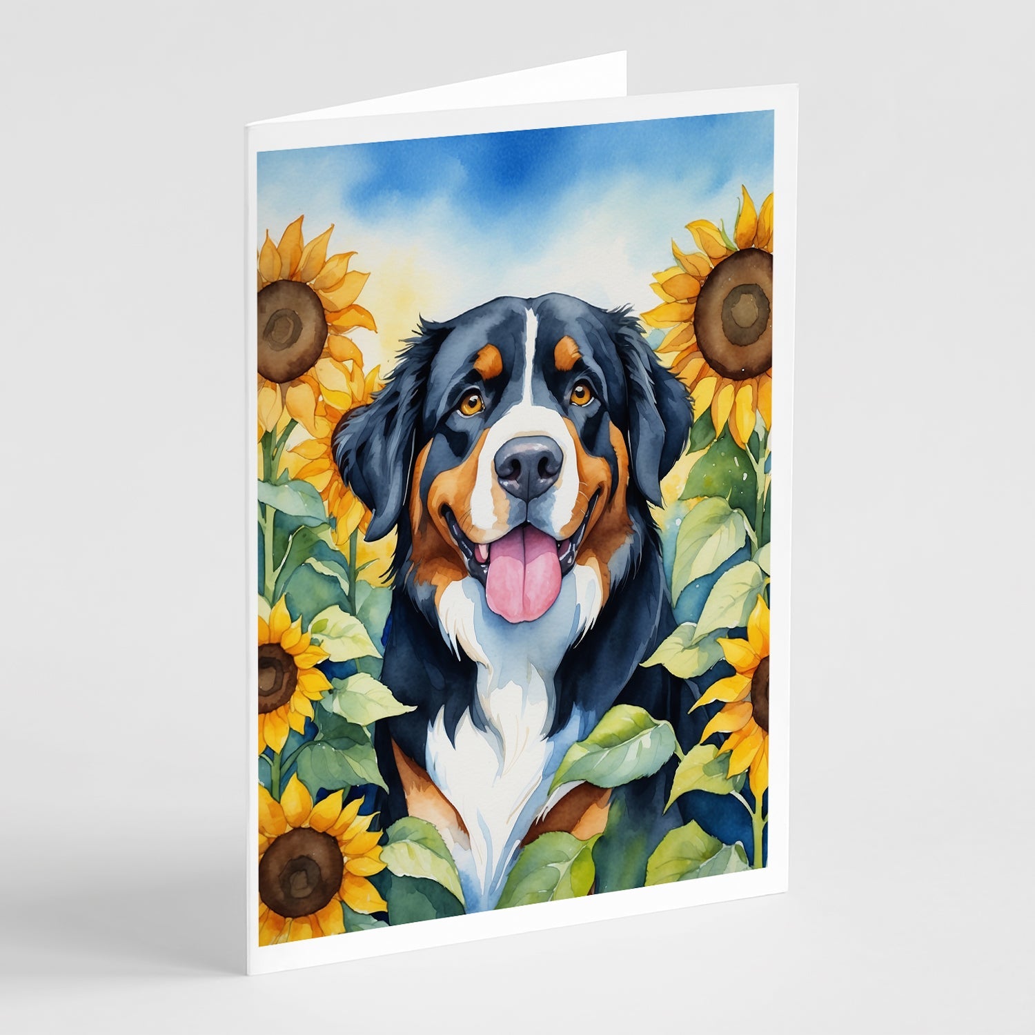 Bernese Mountain Dog in Sunflowers Greeting Cards Pack of 8 Blank Cards with Envelopes Whimsical A7 Size 5x7