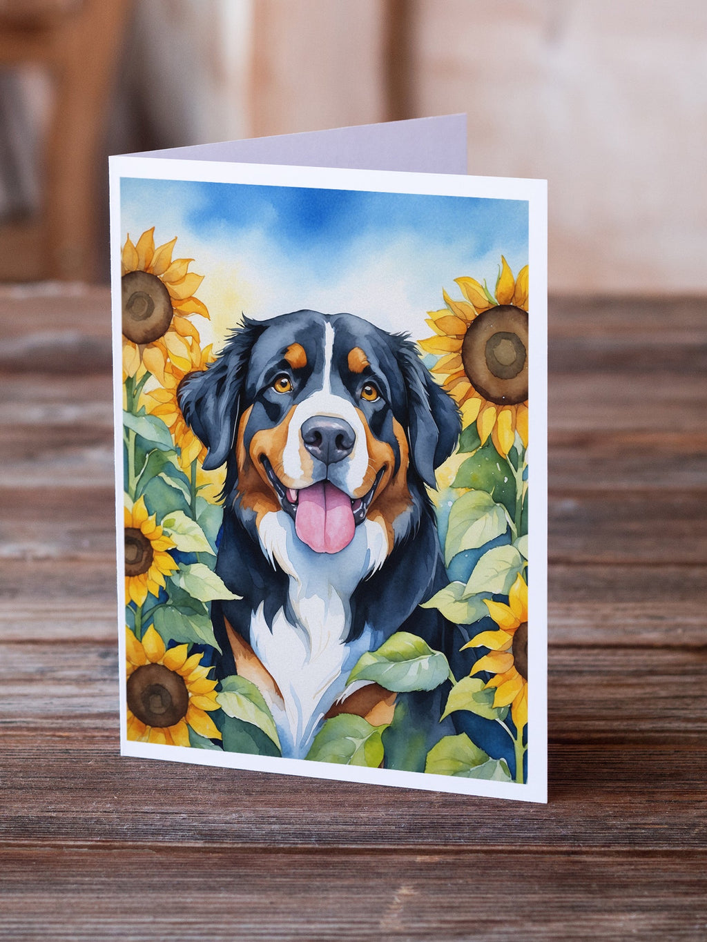 Bernese Mountain Dog in Sunflowers Greeting Cards Pack of 8 Blank Cards with Envelopes Whimsical A7 Size 5x7
