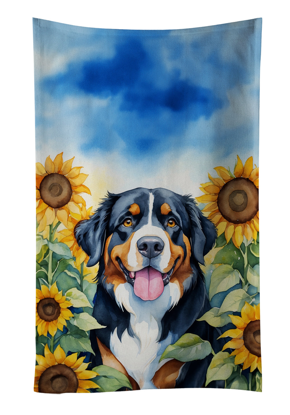 Bernese Mountain Dog in Sunflowers Kitchen Towel Velour Plush Front and Cotton Loop Back Machine Washable