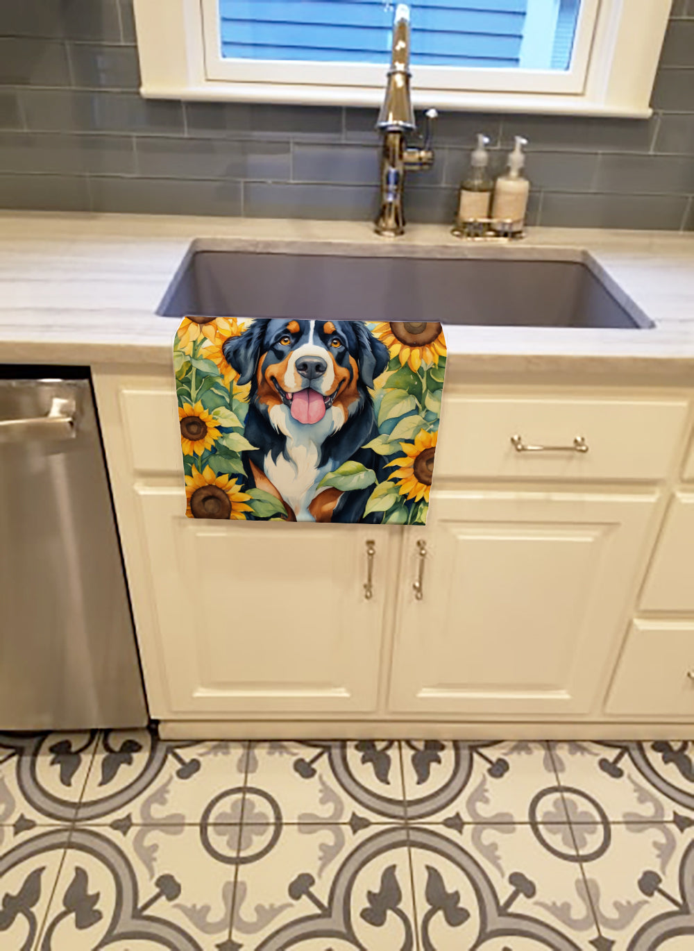 Bernese Mountain Dog in Sunflowers Kitchen Towel Velour Plush Front and Cotton Loop Back Machine Washable