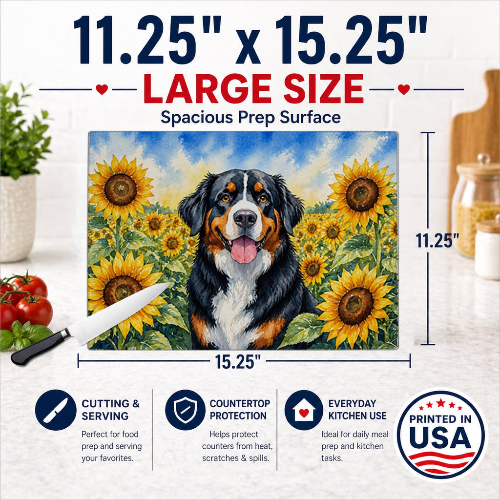 Bernese Mountain Dog in Sunflowers Cutting Board Tempered Glass Kitchen Cutting Surface, Heat Resistant Chopping Board with Non-Slip Feet, Decorative Food Prep & Serving