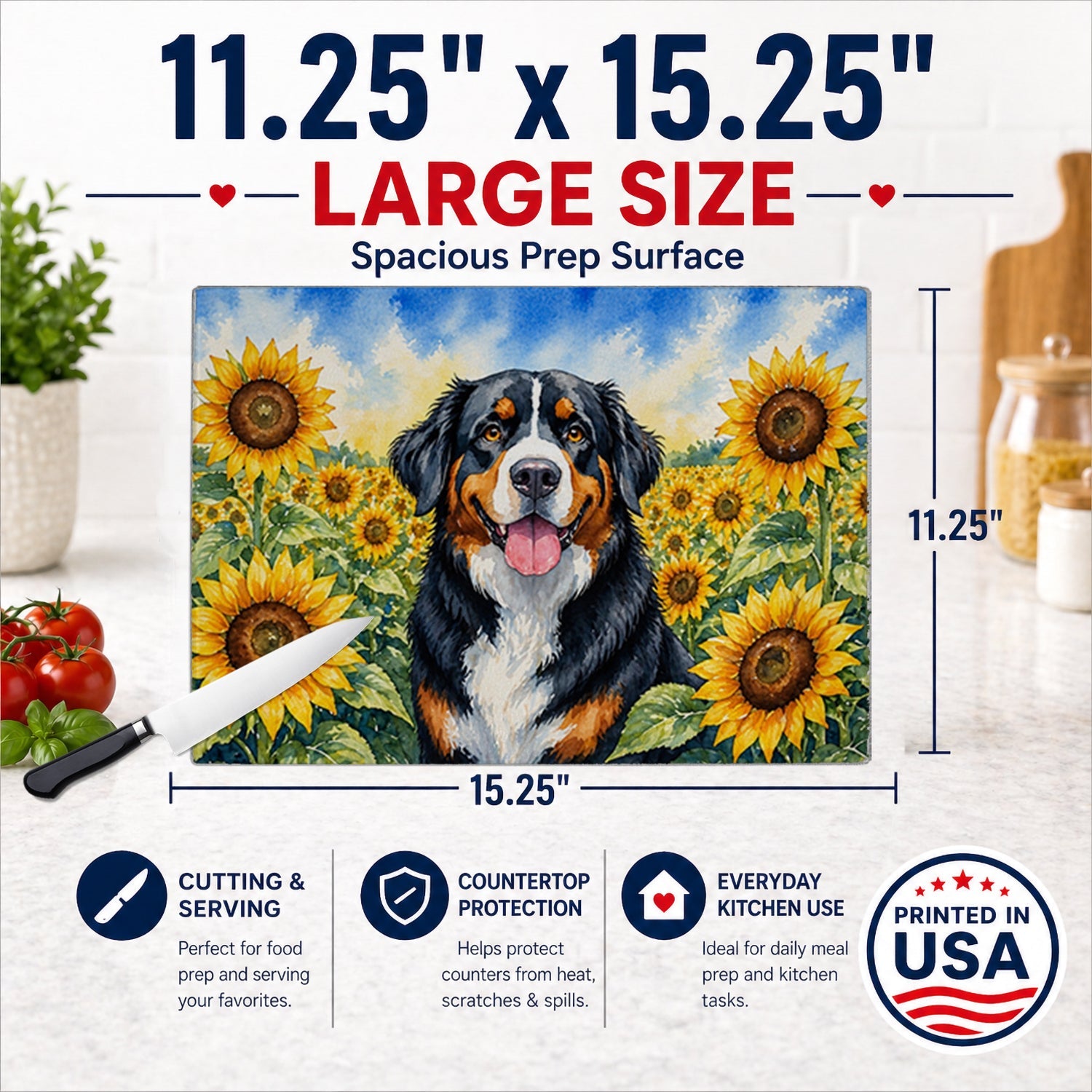 Bernese Mountain Dog in Sunflowers Cutting Board Tempered Glass Kitchen Cutting Surface, Heat Resistant Chopping Board with Non-Slip Feet, Decorative Food Prep & Serving