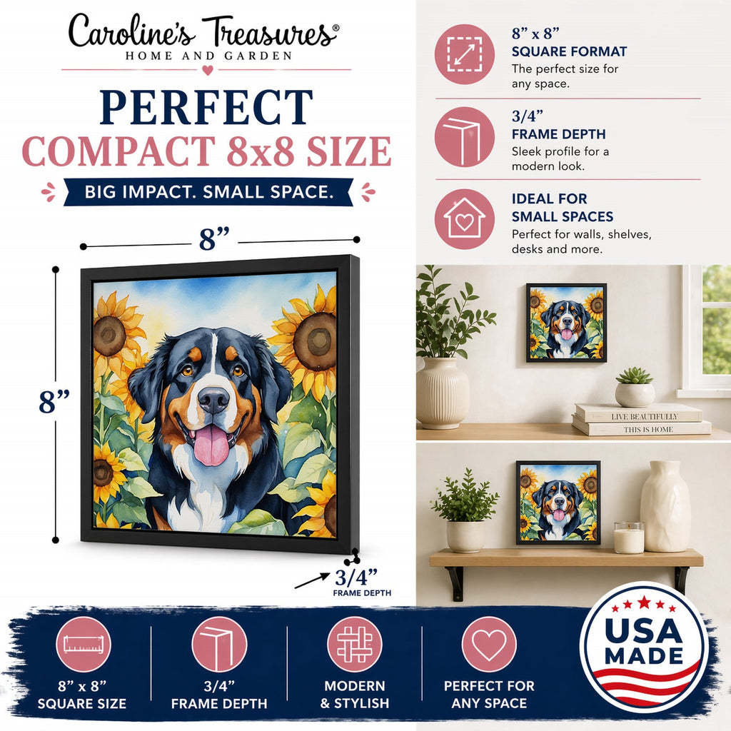 Bernese Mountain Dog in Sunflowers Framed Metal Print Bathroom, Kitchen, Office, Home Decor Wall Art Ready to Hang, Square, 8X8
