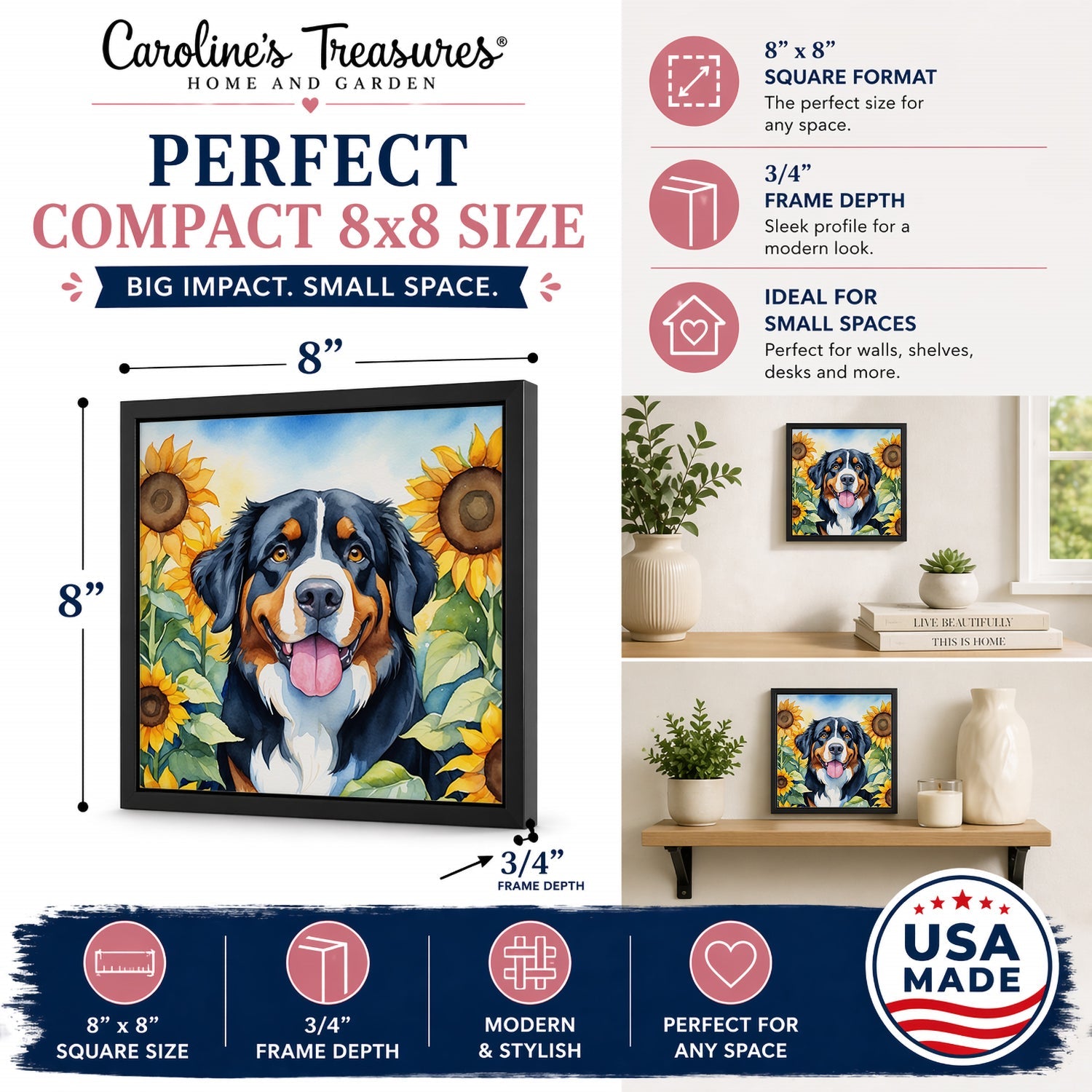 Bernese Mountain Dog in Sunflowers Framed Metal Print Bathroom, Kitchen, Office, Home Decor Wall Art Ready to Hang, Square, 8X8
