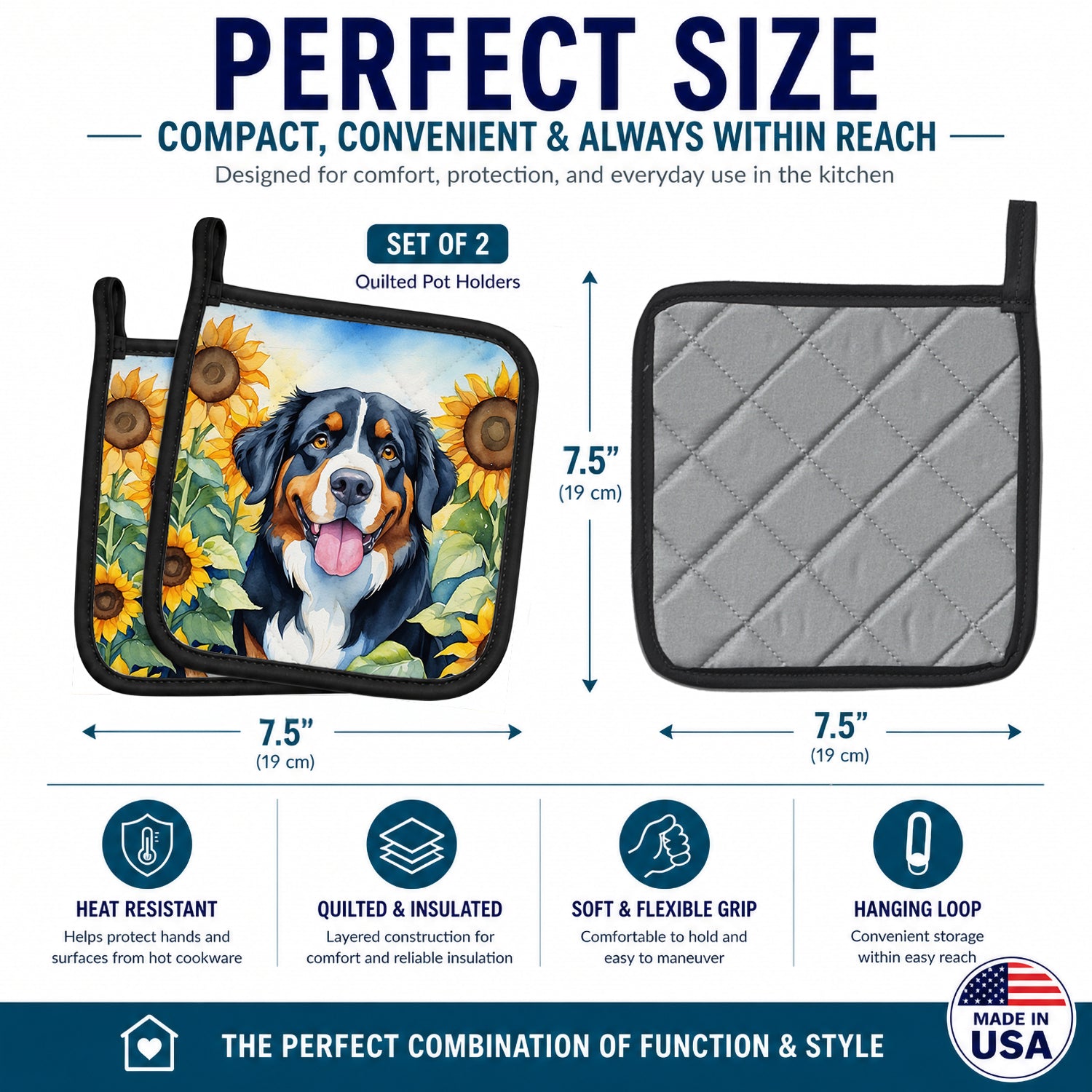 Bernese Mountain Dog in Sunflowers Pot Holder Set of 2 Heat Resistant Quilted Hot Pads 7.5 x 7.5 Inch, Insulated Kitchen Trivets for Cooking & Baking