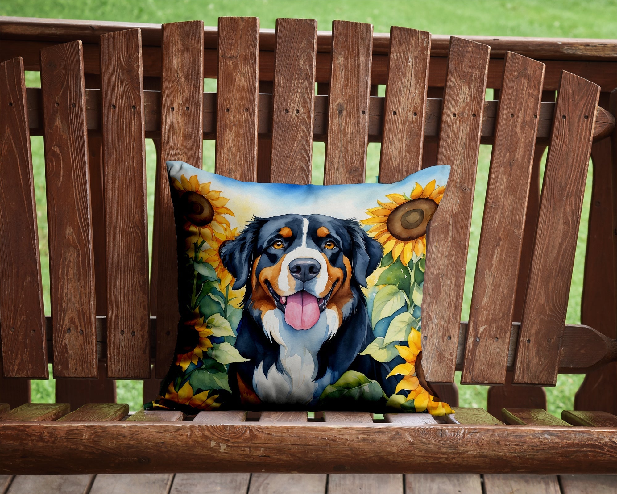 Bernese Mountain Dog in Sunflowers Decorative Throw Pillow 14x14 Indoor Outdoor Accent Cushion, Fabric Cover with Insert for Sofa, Bed, Porch & Living Room