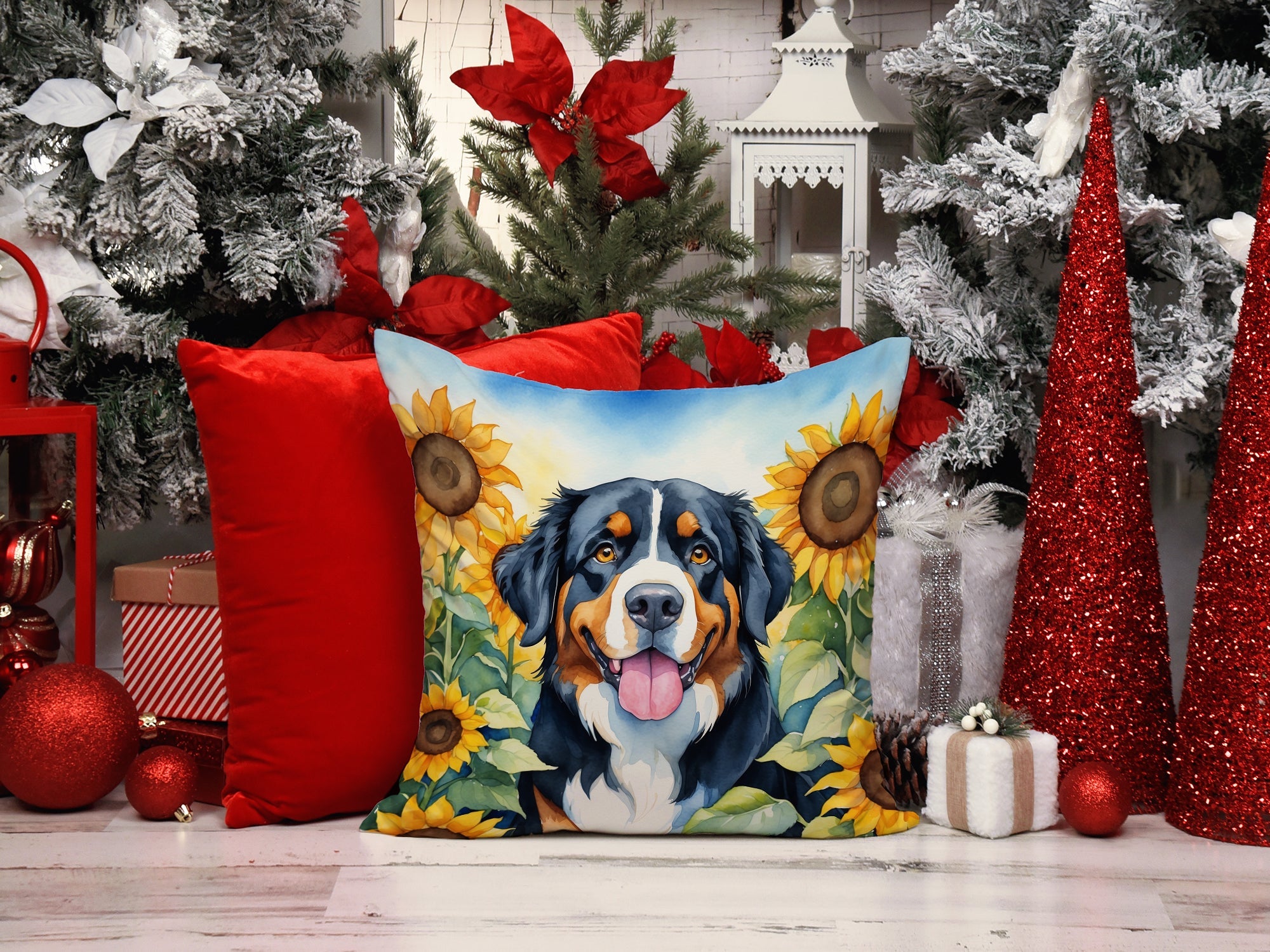 Bernese Mountain Dog in Sunflowers Decorative Throw Pillow 14x14 Indoor Outdoor Accent Cushion, Fabric Cover with Insert for Sofa, Bed, Porch & Living Room