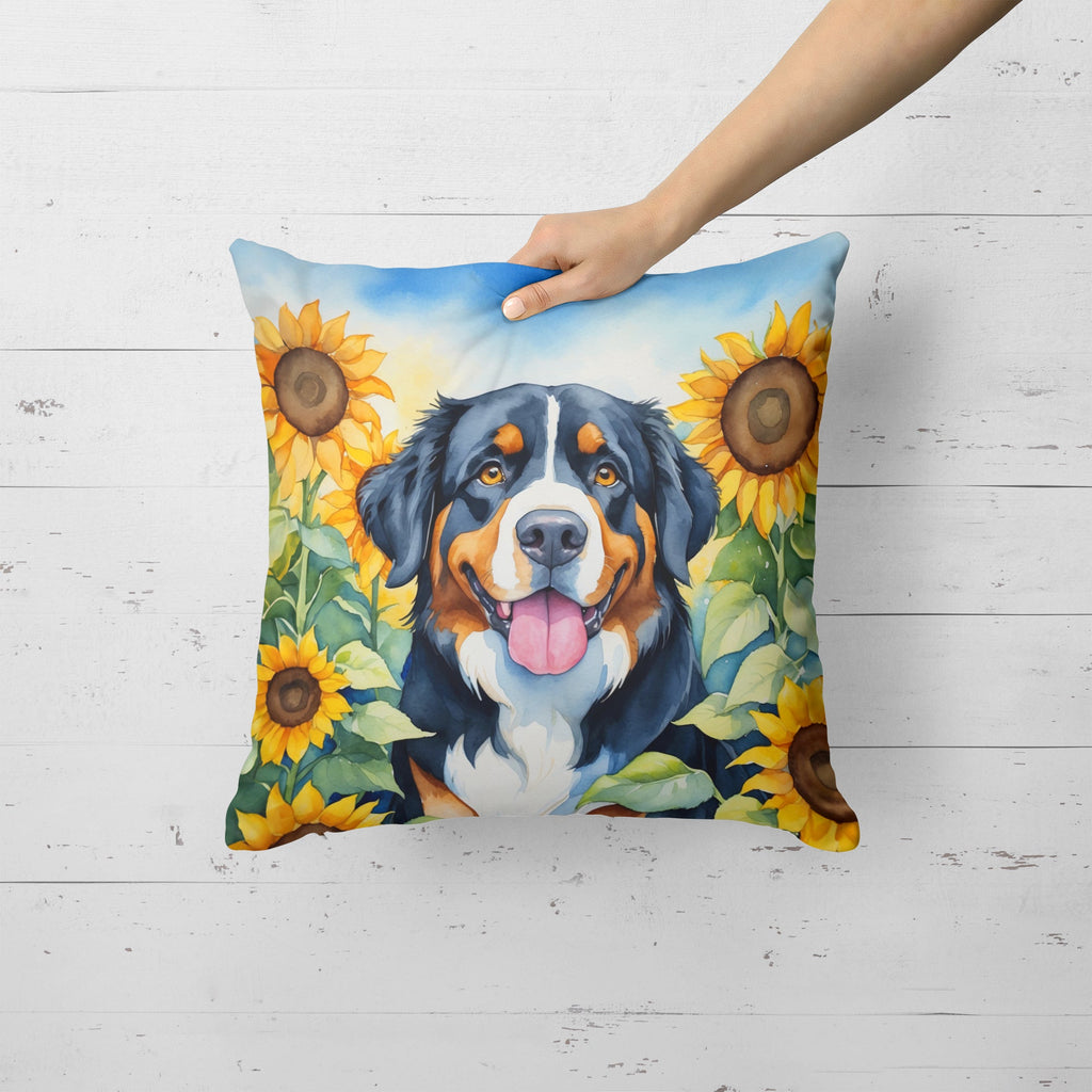 Bernese Mountain Dog in Sunflowers Decorative Throw Pillow 18x18 Indoor Outdoor Accent Cushion, Fabric Cover with Insert for Sofa, Bed, Porch & Living Room