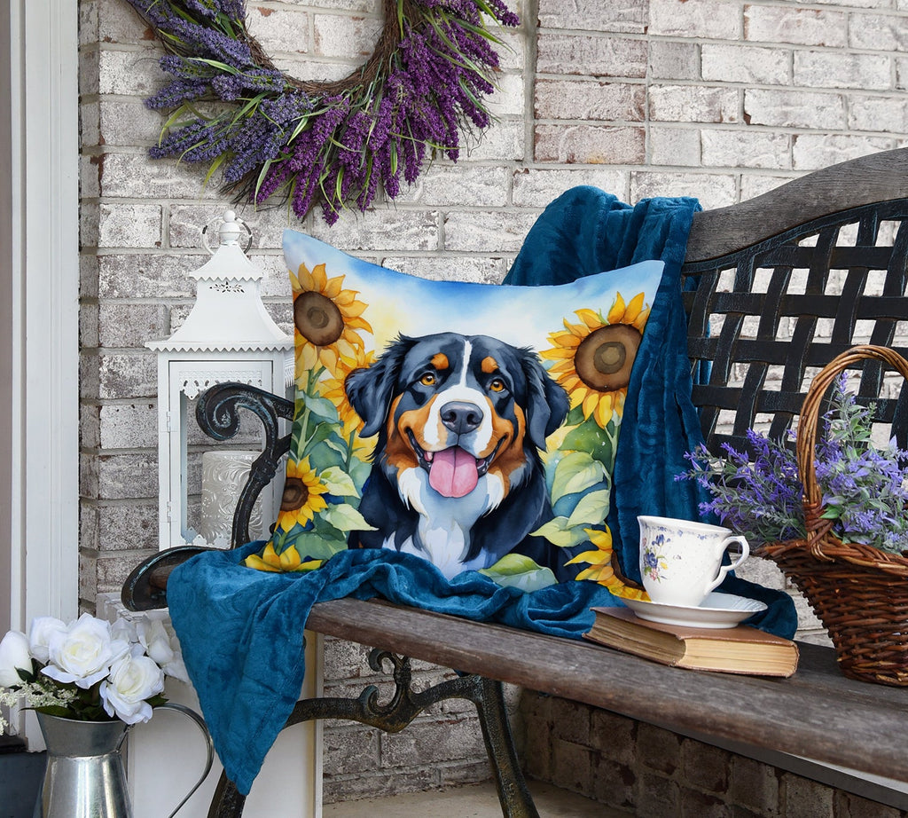 Bernese Mountain Dog in Sunflowers Decorative Throw Pillow 18x18 Indoor Outdoor Accent Cushion, Fabric Cover with Insert for Sofa, Bed, Porch & Living Room