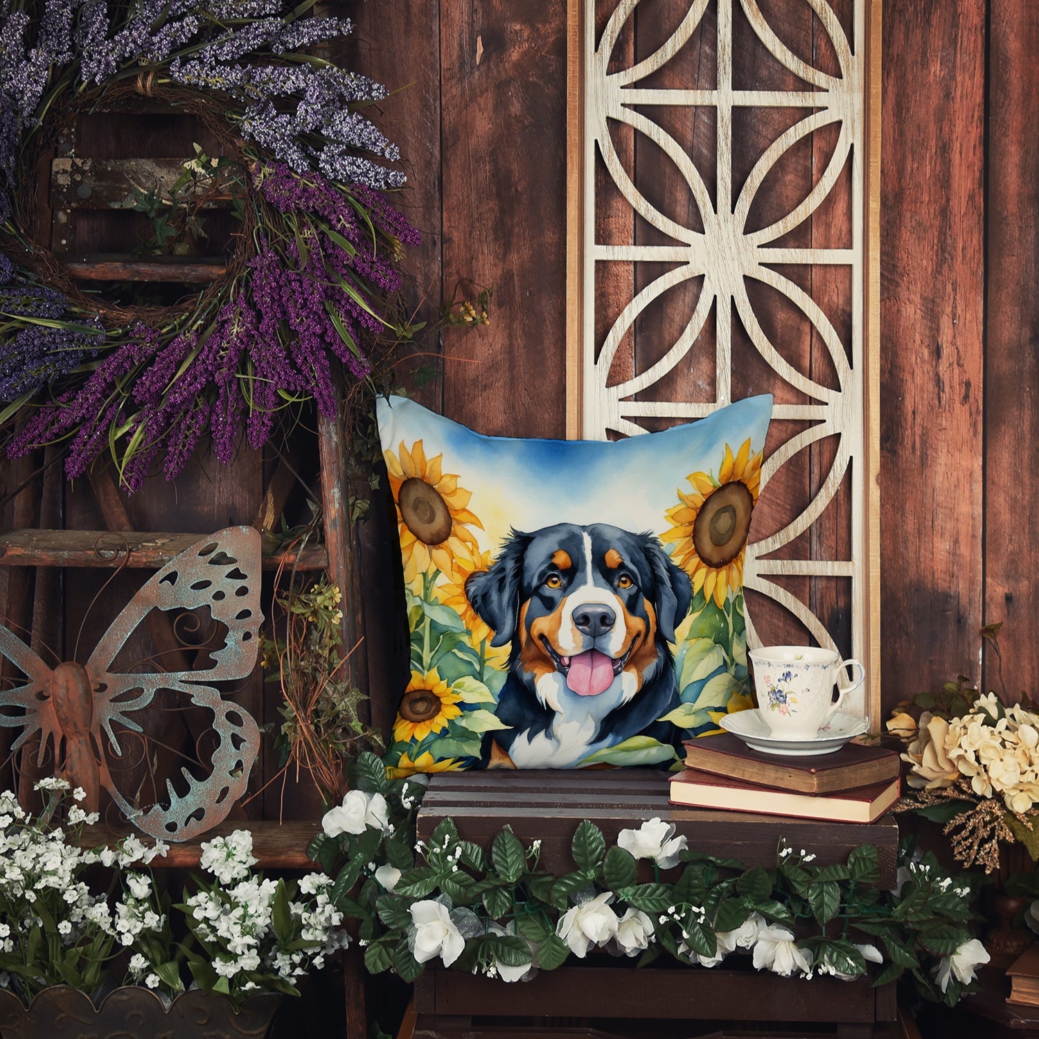 Bernese Mountain Dog in Sunflowers Decorative Throw Pillow 18x18 Indoor Outdoor Accent Cushion, Fabric Cover with Insert for Sofa, Bed, Porch & Living Room