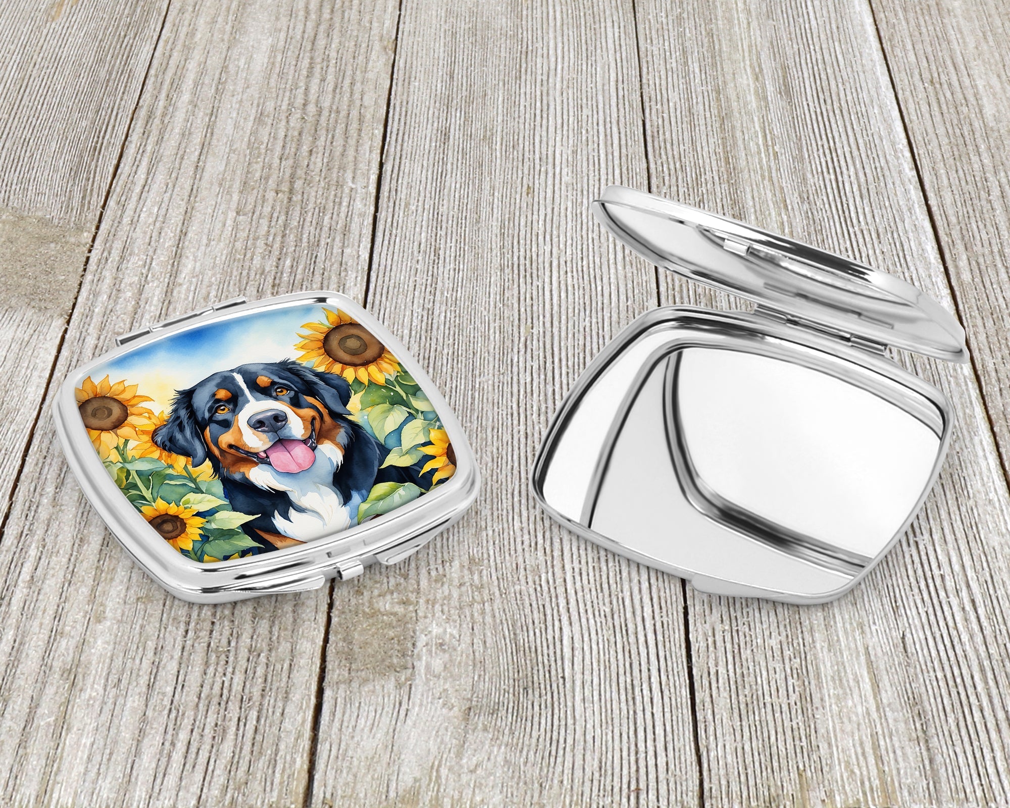 Bernese Mountain Dog in Sunflowers Compact Mirror Decorative Travel Makeup Mirror for Women Girls Gifts Pocket Makeup Mirror Folding Handheld