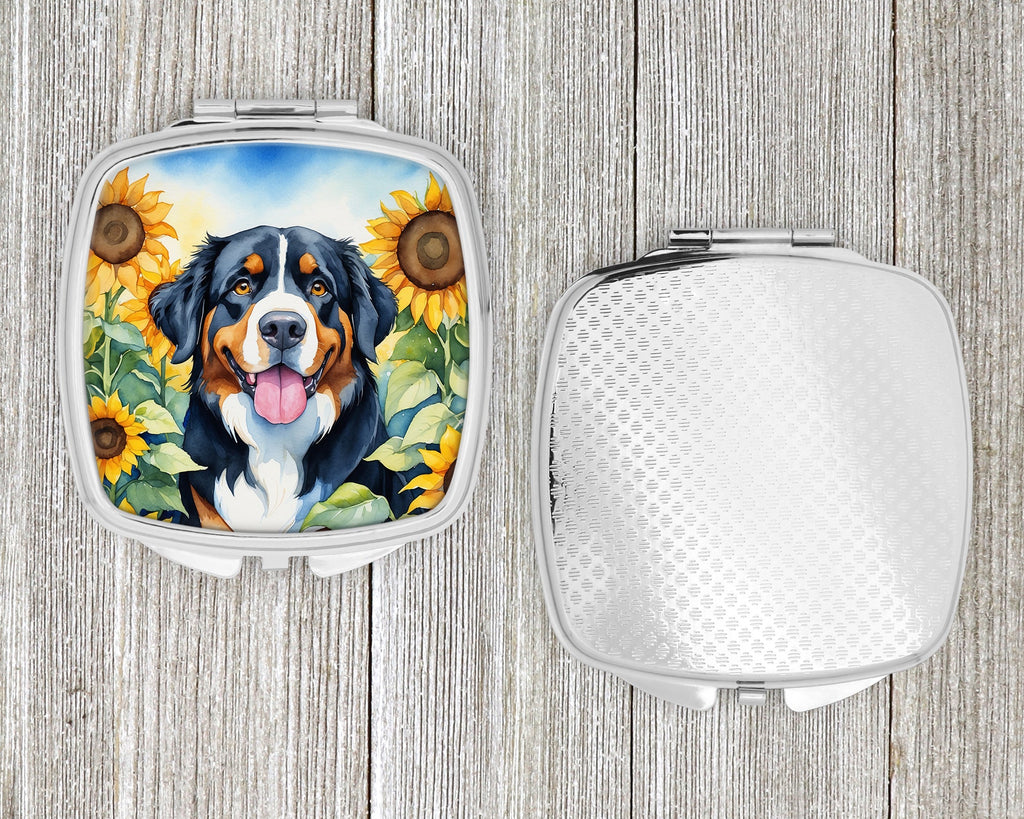 Bernese Mountain Dog in Sunflowers Compact Mirror Decorative Travel Makeup Mirror for Women Girls Gifts Pocket Makeup Mirror Folding Handheld
