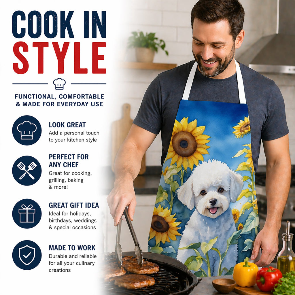 Bichon Frise in Sunflowers Apron Cooking Kitchen Server Baking Crafts Gardening for Adult Women Men, Unisex, Large, Multicolor