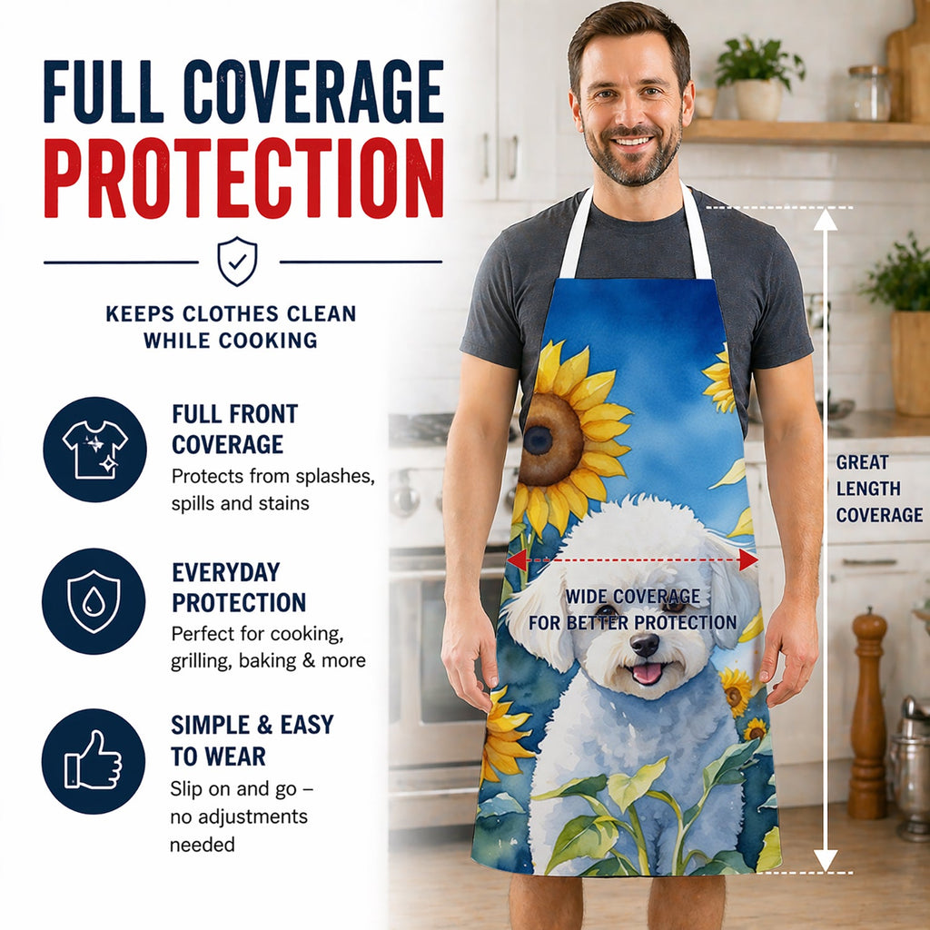 Bichon Frise in Sunflowers Apron Cooking Kitchen Server Baking Crafts Gardening for Adult Women Men, Unisex, Large, Multicolor