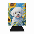 Bichon Frise in Sunflowers Can or Bottle Hugger Cooler Sleeve for Standard 12 oz Cans, Insulated Foam Beer & Soda Can Hugger Reusable