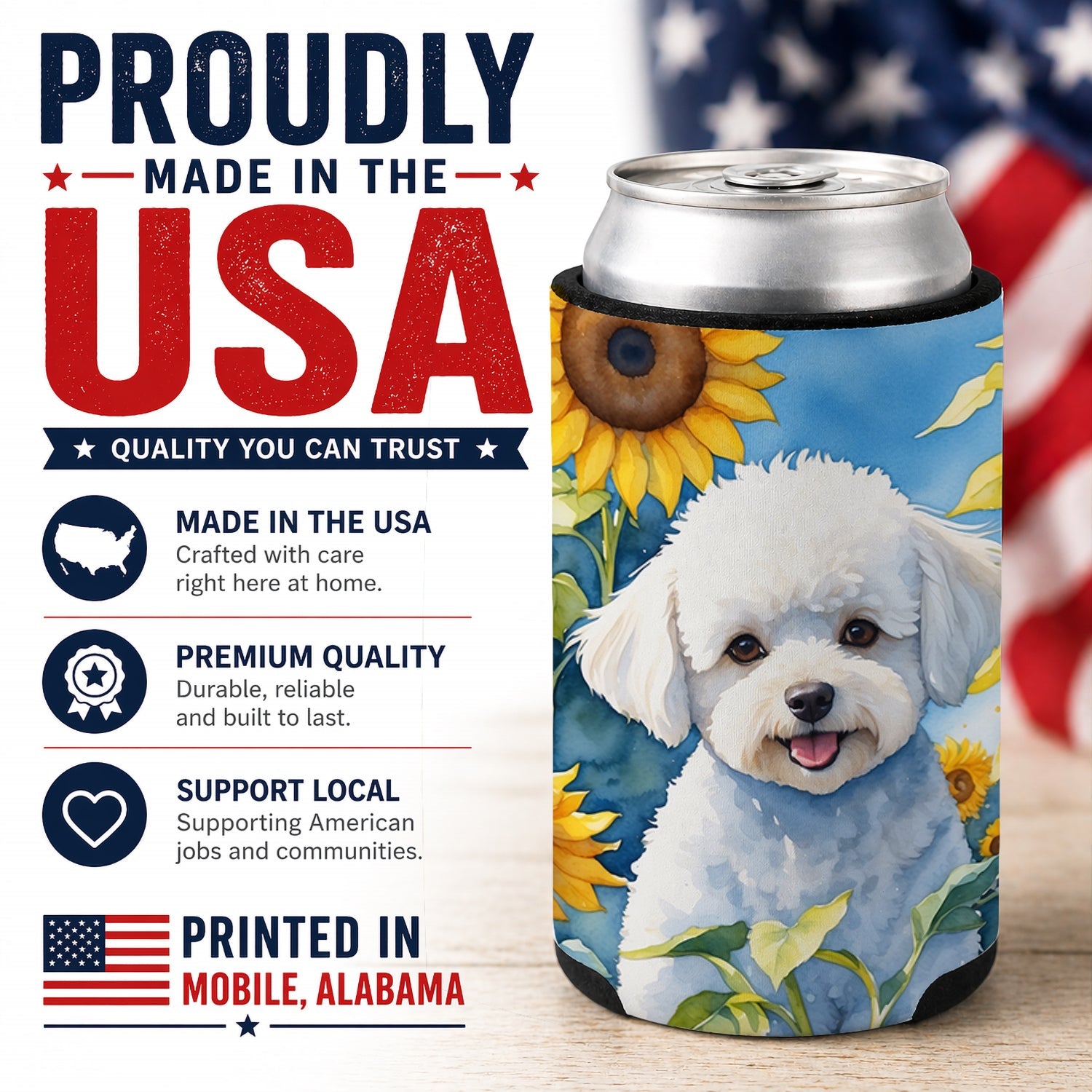 Bichon Frise in Sunflowers Can or Bottle Hugger Cooler Sleeve for Standard 12 oz Cans, Insulated Foam Beer & Soda Can Hugger Reusable