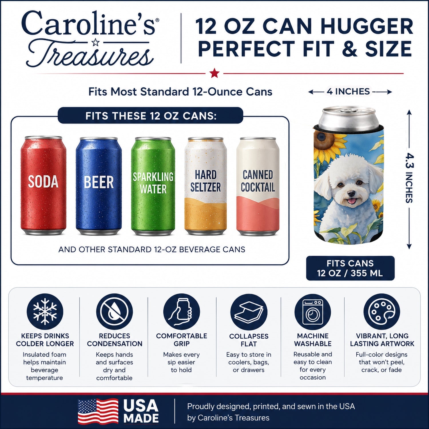 Bichon Frise in Sunflowers Can or Bottle Hugger Cooler Sleeve for Standard 12 oz Cans, Insulated Foam Beer & Soda Can Hugger Reusable