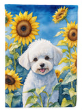 Bichon Frise in Sunflowers House Flag 28x40 Porch Sleeve Pole Decorative Outside Yard Banner Artwork Wall Hanging, Polyester