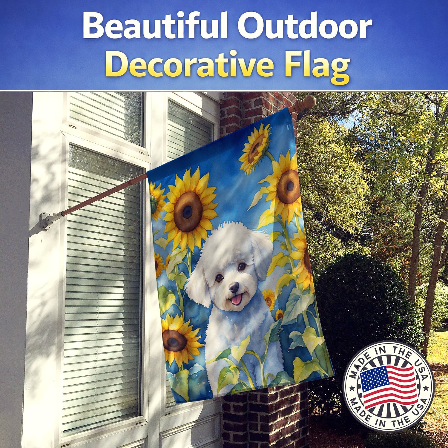 Bichon Frise in Sunflowers House Flag 28x40 Porch Sleeve Pole Decorative Outside Yard Banner Artwork Wall Hanging, Polyester
