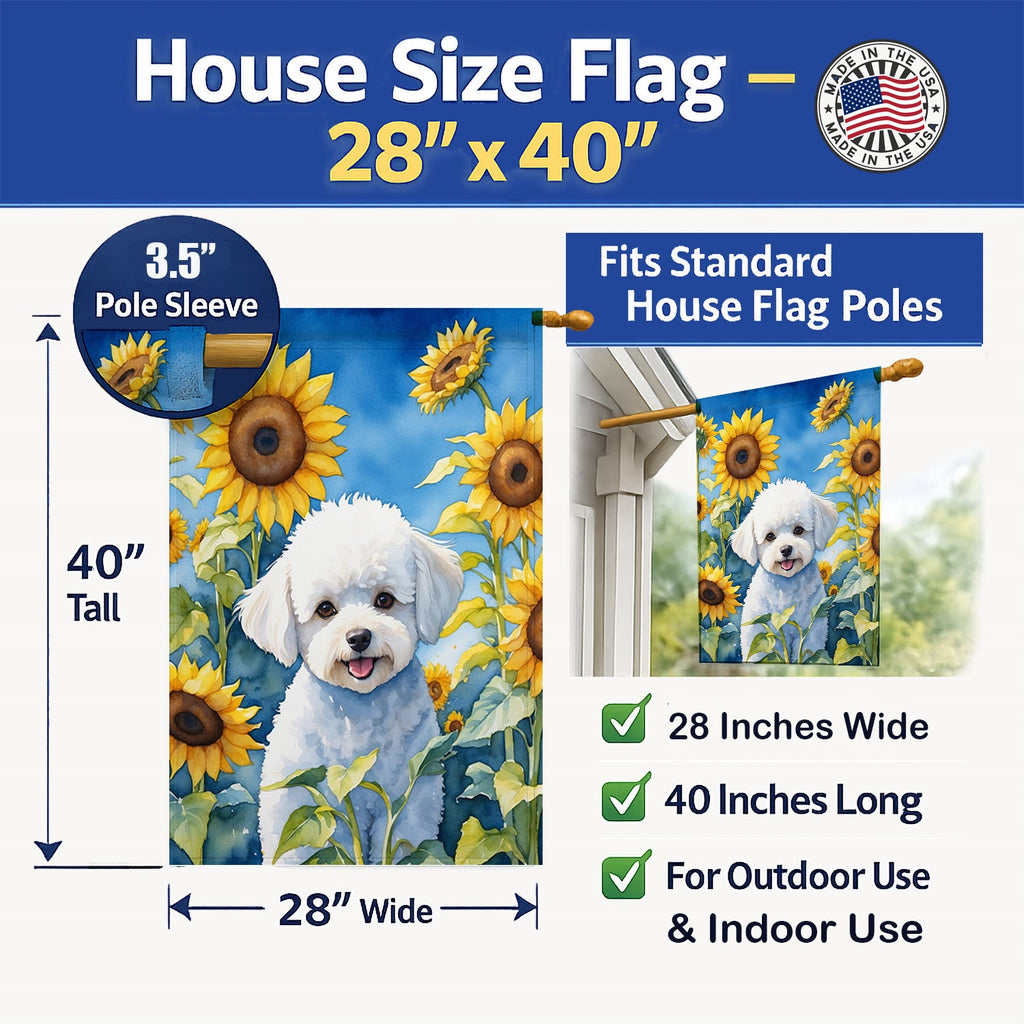 Bichon Frise in Sunflowers House Flag 28x40 Porch Sleeve Pole Decorative Outside Yard Banner Artwork Wall Hanging, Polyester